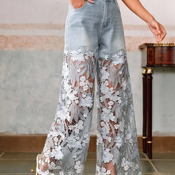 Blue Boho Women's Lace Rhinestone Straight Leg Pants - Picture 5 of 7